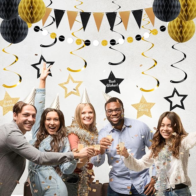 Birthday Decoratioans Pre-Strung Happy Birthday Banner for Women Men Boys Girls Black Gold Birthday Banners with Pennant Honeycomb Balls Cake Topper Stars Hanging Swirl Streamers Circle Dots Garland