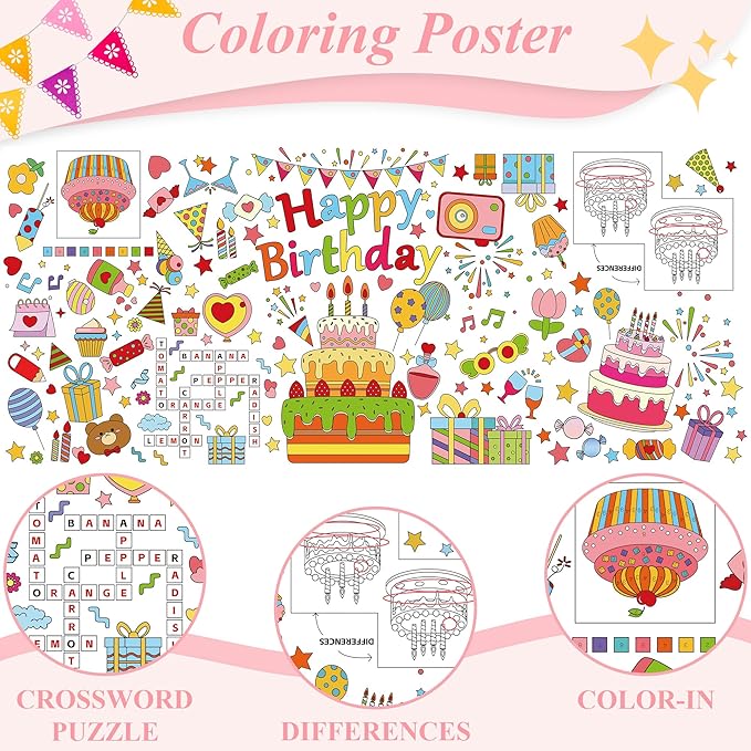 Happy Birthday Giant Coloring Poster 30 x 72 Inches Large Coloring Tablecloth for Kids School Home Party Supplies Decoration