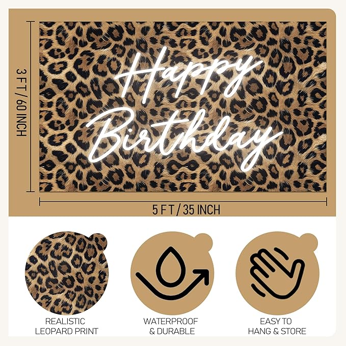 Happy Birthday Backdrop Leopard Print, 5 x 3 Ft Cheetah Print Birthday Decorations Backdrop Banner for Women Girl, Cheetah Leopard Party Decorations for Wall, Photography Background