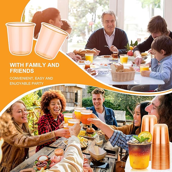 KesaPlan 50 Pcs Halloween Fall Orange Plastic Cups, 12 oz Disposable Stemless Wine Glasses, Plastic Cocktail Glasses for Juices Coffee Soda, Round Bottom Party Cups for Thanksgiving Wedding Party