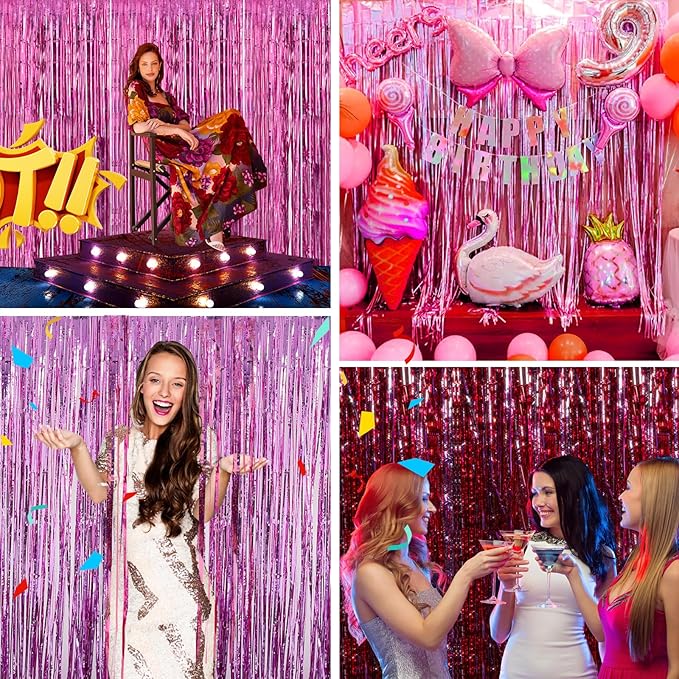Pink Backdrop Birthday Party Decorations 3.3x8.2ft, 2 Pack Tinsel Foil Fringe Curtains for Valentines Day, Door Streamers for Galentines Easter Mother's Day Friendsgiving Barbie Princess Wedding