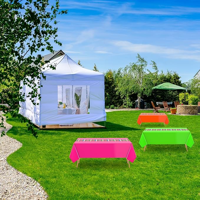 Oudain 3 Pcs Fiesta Tablecloth 108 x 54 Inch Plastic Tablecover Waterproof Mexican Tablecloth Mexican Striped Table Cover for Taco Night Festive Fiesta Wedding (Green,Orange,Pink)
