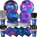 450 Pcs Space Galaxy Tableware Set Decorations, Starry Sky Paper Plates Napkins Cups Cutlery Straws for Outer Space Theme Birthday Baby Shower Party Supplies, Serves 50