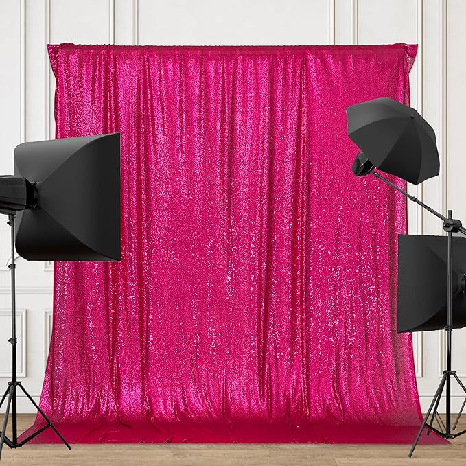 PartyDelight Hot Pink Sequin Backdrop 6x8ft - High Density 3mm Shimmer Sequin Background with 4-Inch Rod Pocket, Sparkly Photography Curtain for Wedding, Bachelorette Party & Event Decor