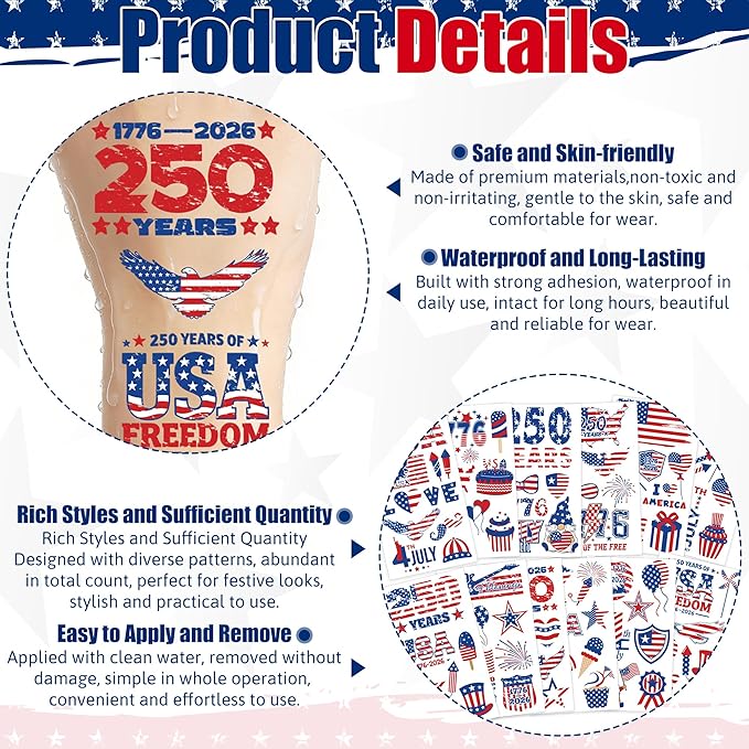99 PCS 4th of July Temporary Tattoos, 12 Sheets Waterproof 4th of July Accessories, USA Flags Fireworks Eagles Independence Day Decorations, Patriotic Tattoos for Memorial Day Veterans Events