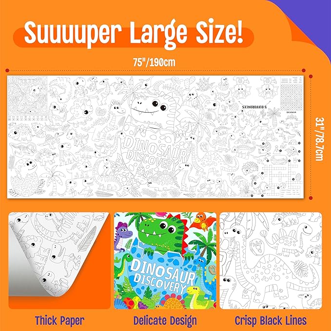 Dinosaur Coloring Poster, Large Coloring Activity Paper 75” x 31” Jumbo Size Giant Party Paper DIY Painting Drawing Banner/Tablecloth for School, Wall Decor