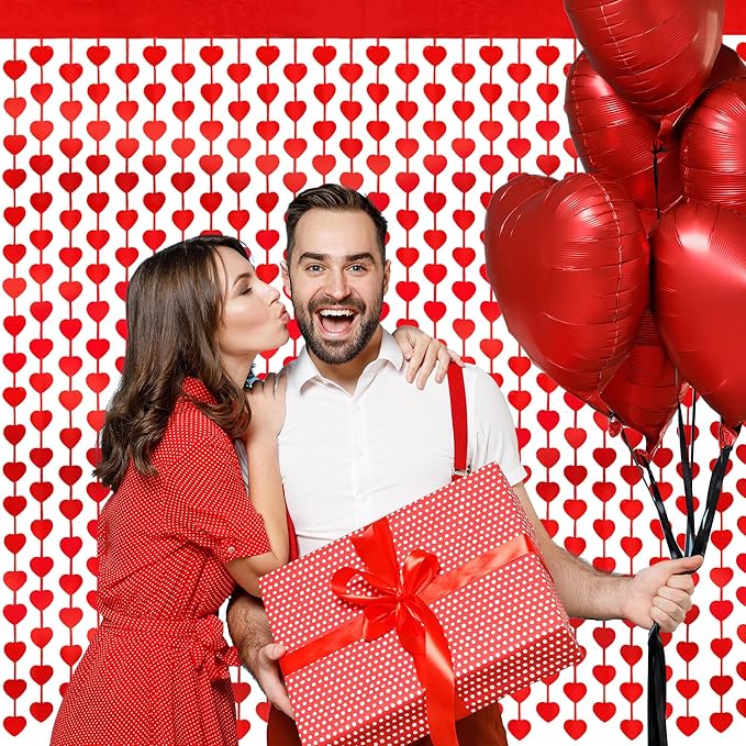 Valentines Day Decorations, 4 Pack Valentines Day Backdrop Garland, Red Heart Foil Fringe Tinsel Backdrop Streamer for Wedding Anniversary Birthday Valentines Party Decor