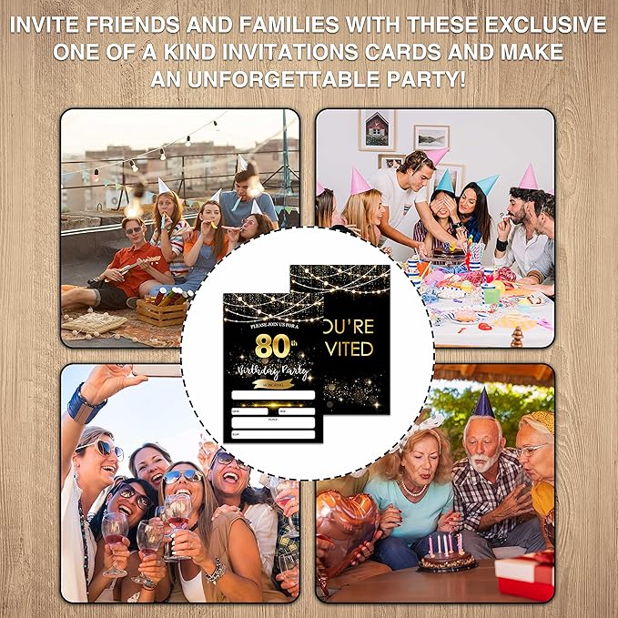 80th Birthday Invitations with Envelopes - Black Gold Glitter Fill-in Invites Cards - Surprise Birthday Party Invitation Card for Him/Her - Adults Birthday Party Favors Supplies Decorations (20 Pack)