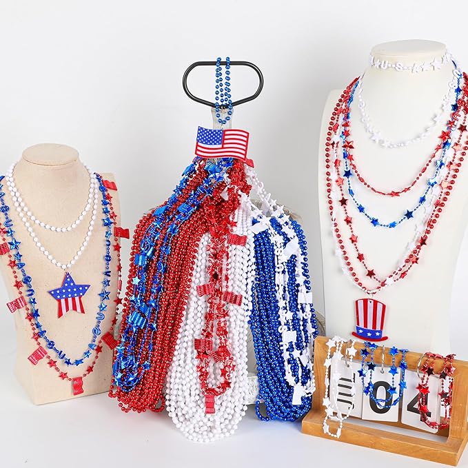 72PCS 4th of July Accessories, Independence Day Bead Necklaces, USA Hat Flags Pendant Patriotic Fourth of July Red Blue White Necklace, Metallic Necklace for Flag Day Parades Party Favors Decorations
