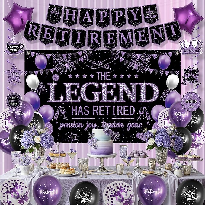 Roetyce Retirement Party Decorations Women, Black and Purple Happy Retirement Banner Backdrop Balloons Hanging Swirls for Coworker, Lengend Has Retired Sash & Crown, Office Retired Background
