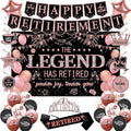 Roetyce Retirement Party Decorations Women, Black and Pink Happy Retirement Banner Backdrop Balloon Hanging Swirls for Coworker, Rose Gold Lengend Has Retired Sash & Crown, Office Retired Background
