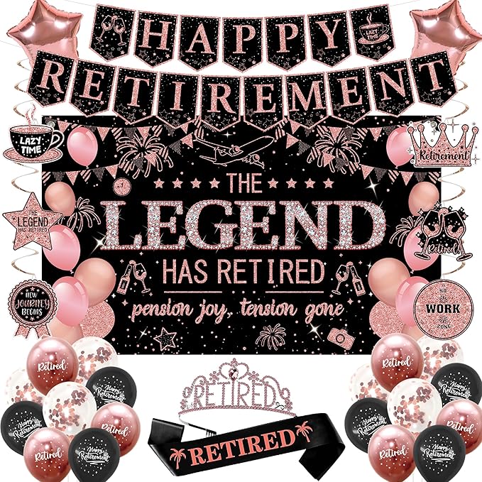 Roetyce Retirement Party Decorations Women, Black and Pink Happy Retirement Banner Backdrop Balloon Hanging Swirls for Coworker, Rose Gold Lengend Has Retired Sash & Crown, Office Retired Background
