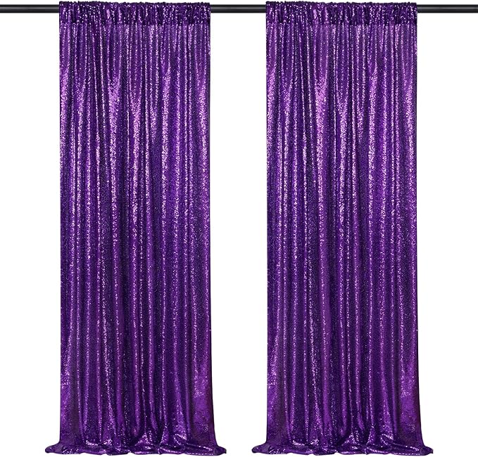 Purple Halloween Backdrop - Sequin Backdrop 2 Pieces 3x8FT Purple Glitter Drapes Fabric for Photography Wedding