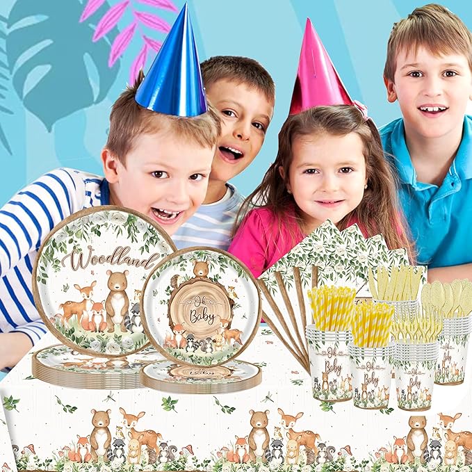 193 Pcs Woodland Baby Shower Party Supplies for 24 Guests - Jungle Animal Theme Decorations with Plates, Cups, Napkins, Cutlery, Straws, and Tablecloth - Disposable Safari Baby Shower Party Set