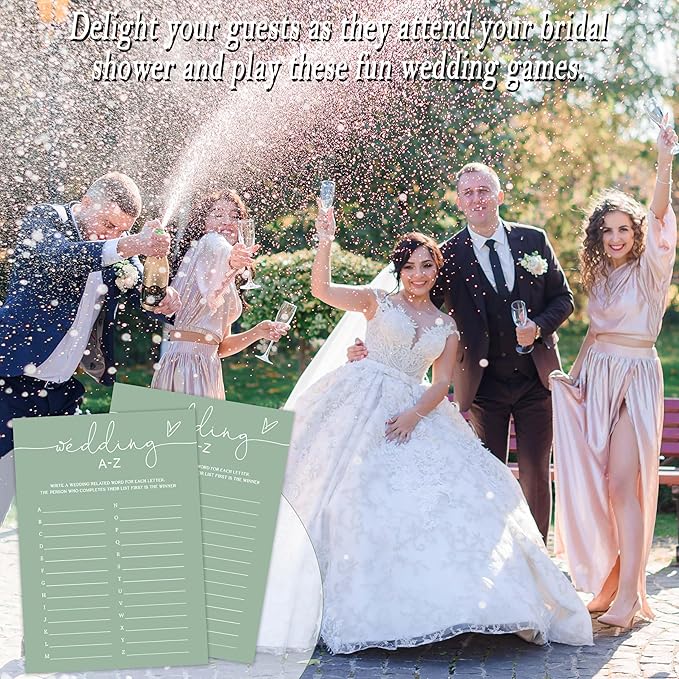 Wedding A-Z Alphabet Item Game, Sea Green Bridal Shower Games, 30 Elegant Game for Bachelorette Engagement Party Reception Supplies - A13