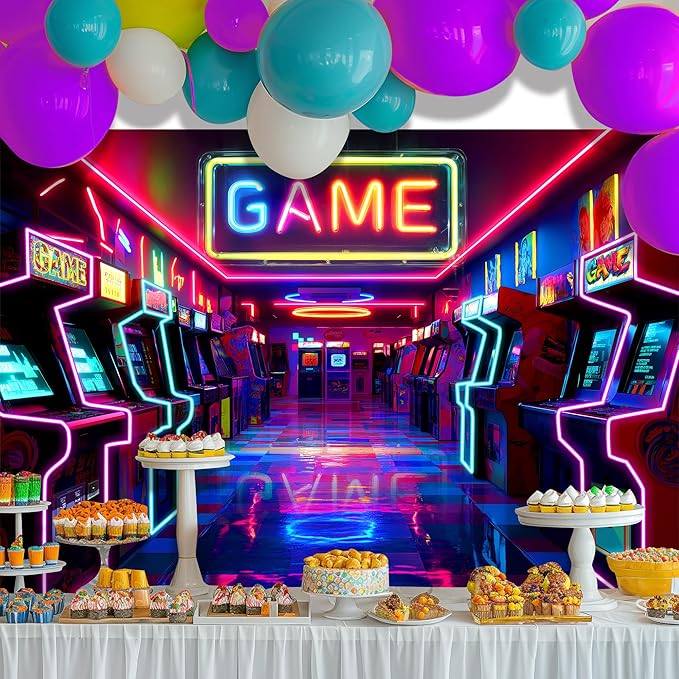 Imirell Arcade Game Neon Backdrop 7Wx5H Feet Retro Gaming Gamer Themed Colorful Glow Polyester Fabric for Kids Teen Boy Playroom Game Center Photography Backgrounds Photo Shoot Decor Props Decoration
