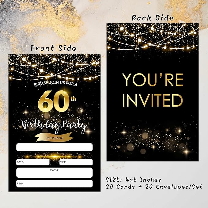 60th Birthday Invitations with Envelopes - Black Gold Glitter Fill-in Invites Cards - Surprise Birthday Party Invitation Card for Him/Her - Adults Birthday Party Favors Supplies Decorations (20 Pack)
