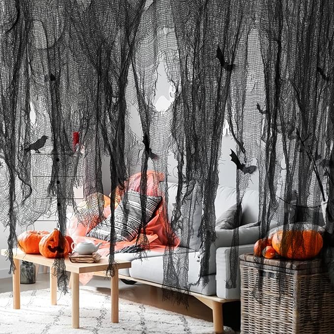 Watayo 500 x 39 Inch Large Size Halloween Black Creepy Cloth, Halloween Scary Spooky Fabric Cloth, Windows Doorways Cover Gauze Cheese Cloths for Party Haunted House Halloweens Decor Outdoor Indoor