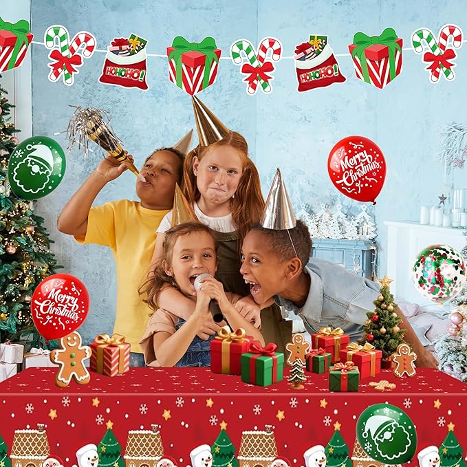 Christmas Party Decorations, Merry Christmas Banner Backdrop, Tablecloth,Candy Cane Foil Balloons,Family Party Decoration Supplies