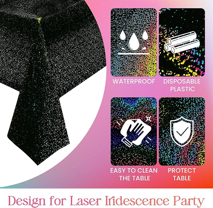 8 Pcs Black Holographic Laser Tablecloths Iridescence Shiny Table Covers 40" x 108" Aqua Foil Rectangle Table cloths for Halloween Baby Shower Undersea Ocean Birthday Party Winner Wedding Party Décor
