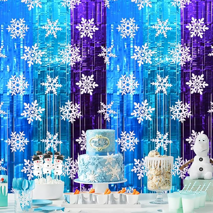 Winter Princess Birthday Party Decorations, 2 Pack Ice Birthday Party Supplies 3.3x6.6ft Tinsel Foil Fringe Curtains, Winter Photo Booth Prop Backdrop Streamer, Snowflake Birthday Party Decor