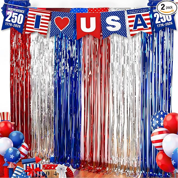 OHOME 4th of July Decorations - American Flag Backdrop Streamers | Patriotic Memorial Day Decor for Indoor Outdoor Outside - 250 America Anniversary USA Fourth of July Accessories Party Favors,2 Pack