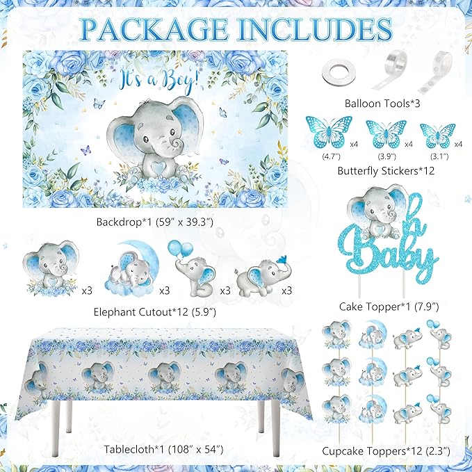Elephant Baby Shower Decorations for Boy Elephant Themd Birthday Party Supplies Balloon Garland It's a Boy Backdrop Tablecloth Cake Toppers Foil Balloon for Baby Shower Decor