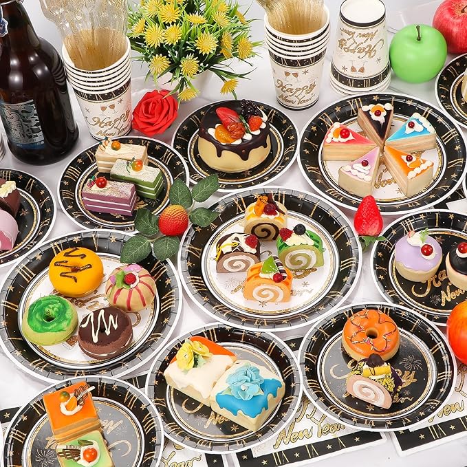 Atonofun Happy New Year Party Supplies, Party Plates, Cups, Napkins and Cutlery, New Year Party Decorations for New Years Eve Party Serves 24