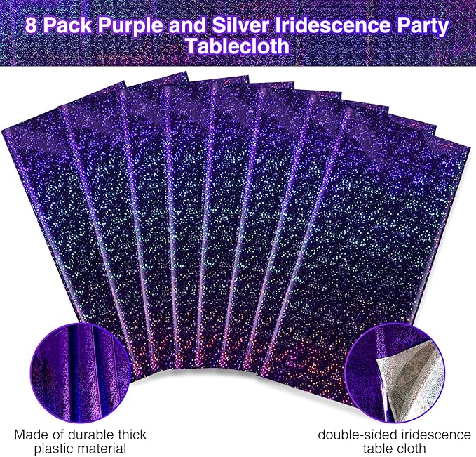 FunnyPars 8 Pack Iridescent Plastic Tablecloths Shiny Disposable Laser Rectangle Table Covers Holographic Foil Tablecloth Iridescent Kpop Birthday Bridal Wedding Party Decoration, 54"x108"(Purple)