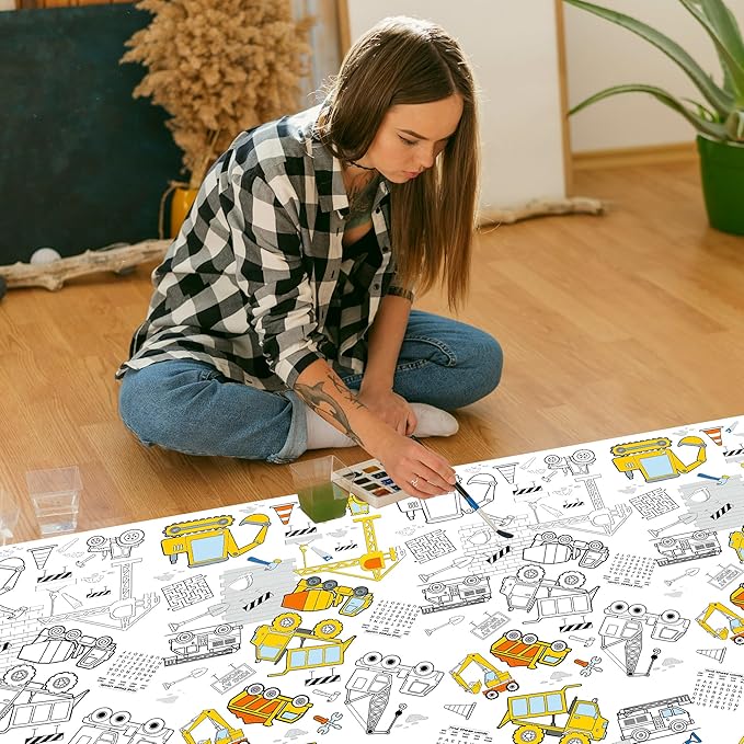 Giant Construction Coloring Tablecloth,54x108 Inch, Construction Birthday Party Supplies Construction Theme Party Favors