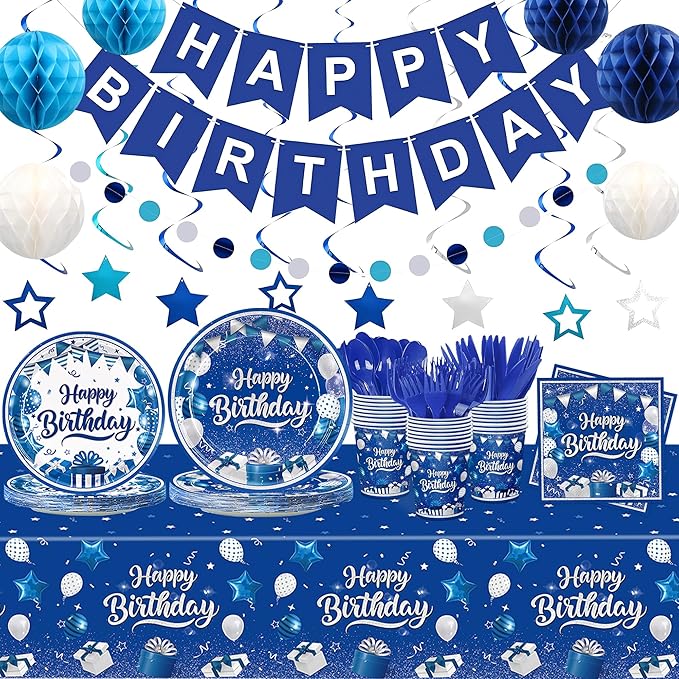185pcs Happy Birthday Decorations Blue and Silver Plates Napkins Disposable Tableware Set Paper Cups Banner Tablecloth for Men Women Birthday Party Supplies Serves 24 Guests