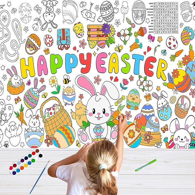 Easter Coloring Tablecloth for Kids,Giant Coloring Poster, Art Crafts Table Cover for Easter Party Decorations Supplies (31.5 x 72 Inches)