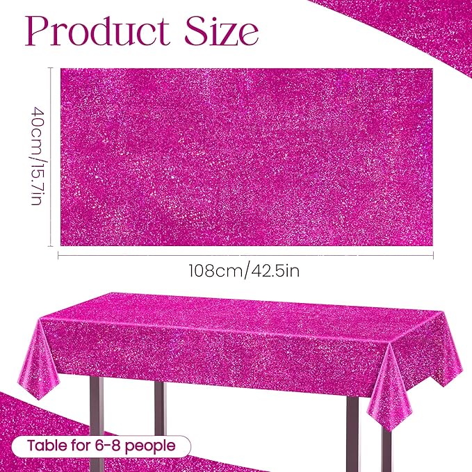 4 Pcs Fuchsia Hot Pink Holographic Tablecloths 40" x 108" Shining Laser Table Cloths for Galentines Valentine's Day Party Supplies Girls Birthday Party Decorations PlasticTable Covers