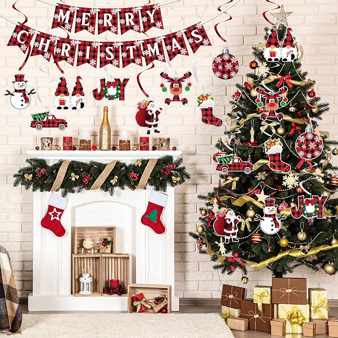 Christmas Hanging Swirls Decorations - NO DIY - Buffalo Plaid Merry Christmas Banner Christmas Ceiling Hanging Streamers, Xmas Hanging Decorations Indoor for Office Christmas Holiday Party Decorations