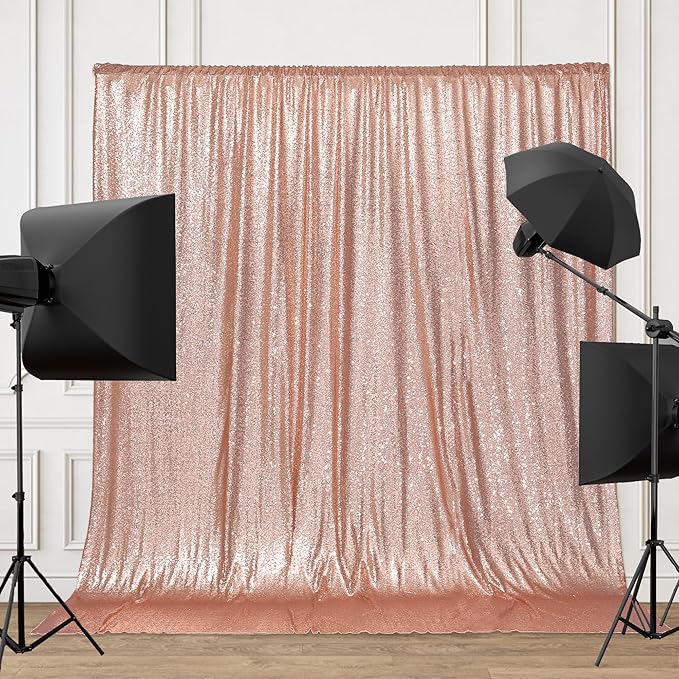 PartyDelight Rose Gold Sequin Backdrop 6x7ft - High Density 3mm Shimmer Sequin Background with 4-Inch Rod Pocket Sparkly Photography Curtain for Birthday, Wedding, Bridal Shower & Live Decor