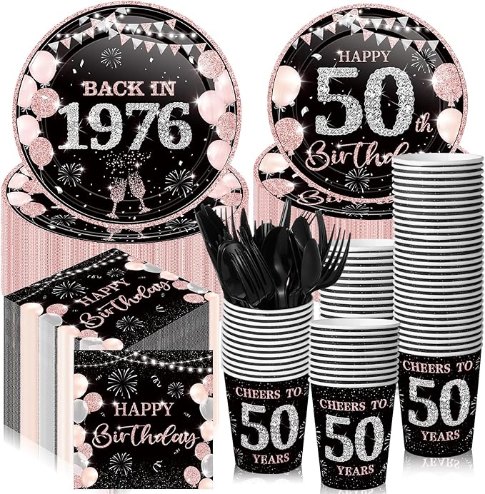 240 Pcs 50th Birthday Decorations 1976 Birthday Party Tableware Include Plates Napkins 9oz Cups Cutlery 50th Anniversary Party Supplies for Men Women Him Her, Serve 30 Guests (Black Pink)