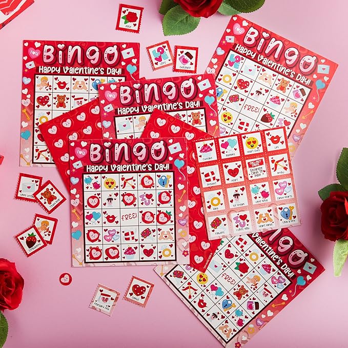 JOYIN 28 Players Valentine's Day Bingo Card for Kids and Adults, for Family/School Classroom Large Group, Party, Treats, Game