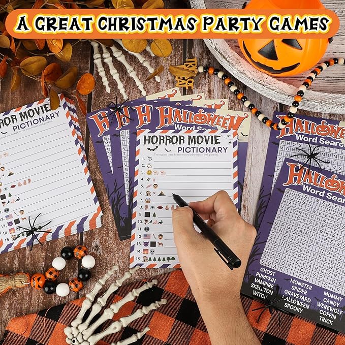 COCHIE 30 Players Halloween Party Games for Adults Family Office Large Groups, Horror Movie Name Pictionary Game, Guesstures Game, Word Search Games with Answer Key (Halloween Purple)