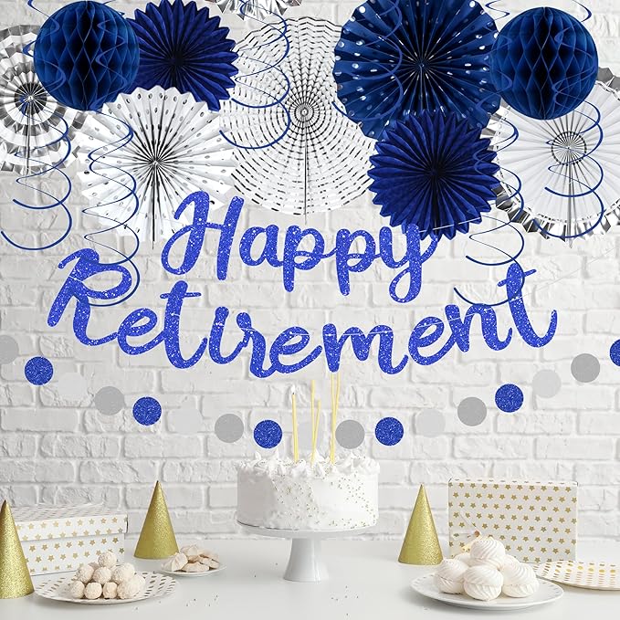 Holkcog Blue Retirement Party Decorations for Men Women, Silver Blue 19pc Happy Retired Banner,Paper Lanterns Streamers,Tissue Pom Poms Honeycomb Flower Fan, Coworker Hanging Retired Decor Supply