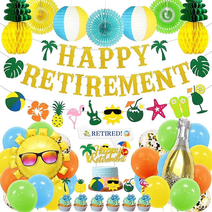 Tropical Hawaiian Luau Retirement Party Decorations, Summer Beach Pool Happy Retirement Party Supplies (Retirement Banner Garland Cake Topper Set Balloon Set Paper Lanterns Retired Sash)