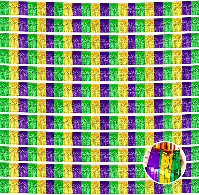 12 Pack 10 Feet Metallic Foil Fringe Garland Tinsel Streamers Banner, Gold Green Purple Wall Hanging Tinsel Fringe Banners for Parade Floats, Wedding, Birthday, Mardi Gras Party Decorations