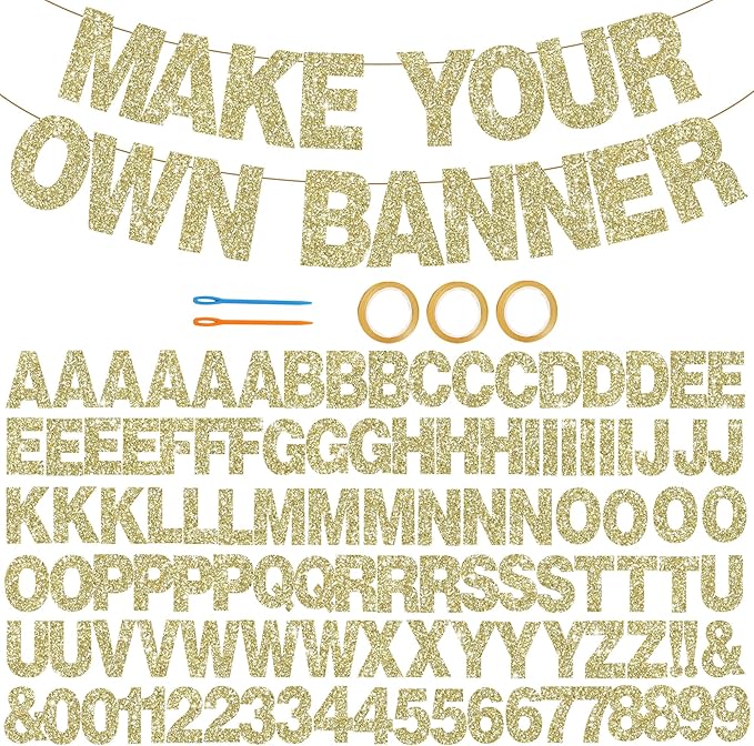 BEISHIDA 116 PCS A-Z DIY Letter Banner Kit Make Your Own Banner Glitter Champagne Including 111 Letters and Numbers 3 Rope and 2 Threading Device,Customized for Birthday Graduation Wedding Party Decor