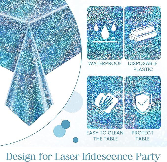 Sparkling Holographic Laser Tablecloth - Shimmering, Waterproof, Easy to Clean - Ideal for Bachelorette, Birthday, Wedding, and Anniversary Party Decorations (Light Blue & Gold, 2)