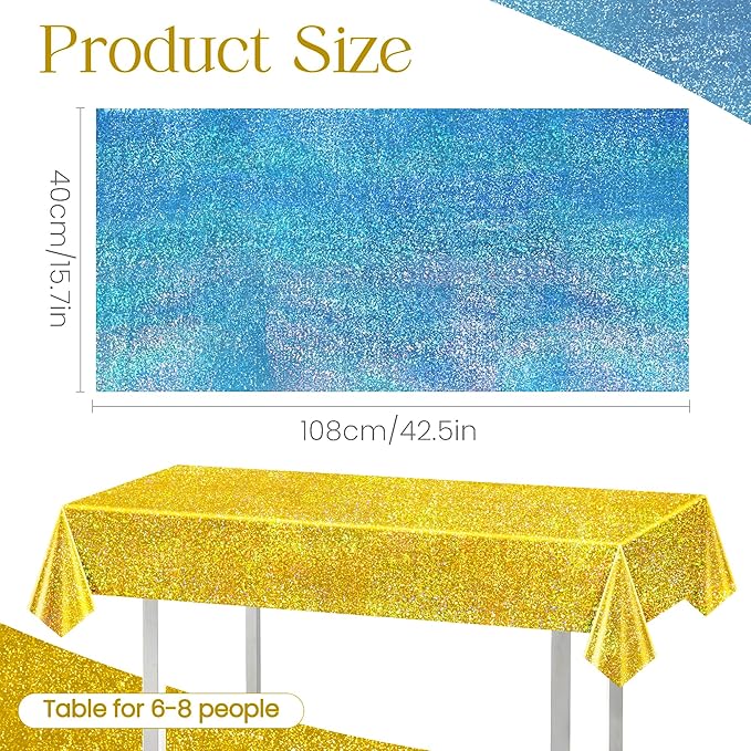 Sparkling Holographic Laser Tablecloth - Shimmering, Waterproof, Easy to Clean - Ideal for Bachelorette, Birthday, Wedding, and Anniversary Party Decorations (Light Blue & Gold, 2)