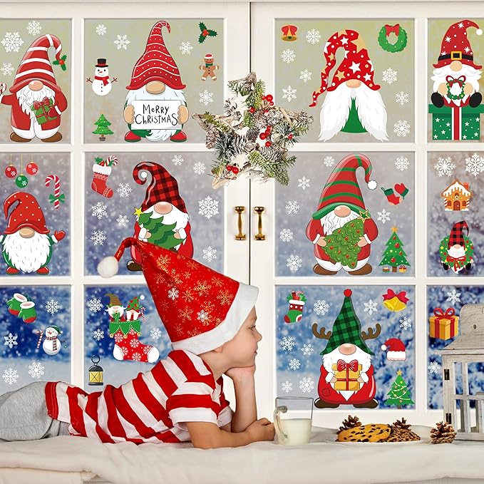 79 PCS Christmas Window Clings, Christmas Decorations, 9 Sheets Snowflake Xmas Window Decals Stickers for Glass, Cute Elf Decals for Ugly Sweater Party Decor Accessories Photo Booth Props