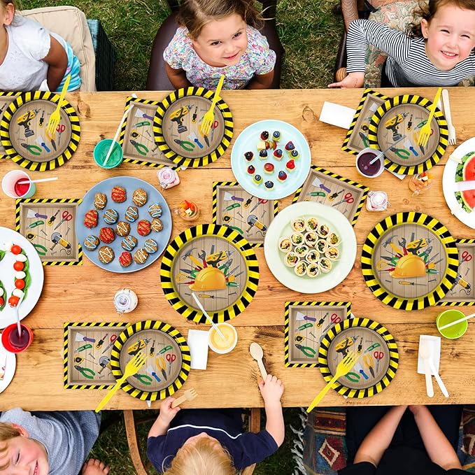 chiazllta 96 Pcs Handyman Tools Party Paper Plate and Napkins Construction Birthday Party Decorations Little Builder Handy Party Paper Plates Napkins Forks for Party Favors 24 Guests