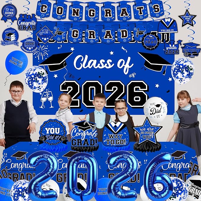 Graduation Decorations 2026, Class of 2026 Backdrop, Banner, 2026 Foil Balloons, Tablecloth, Hanging Swirls, Honeycomb Centerpieces, Party Supplies Decorations Set for College (BLUE)