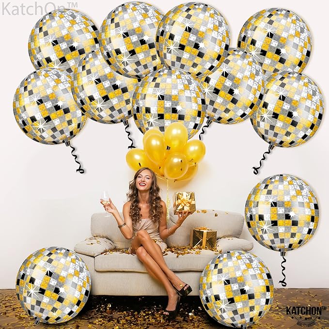 KatchOn, Huge Disco Ball Balloons -22 Inch, Pack of 12 | Black And Gold Disco Balloons for Disco Party Decorations | 360 Degree 4D Sphere Disco Balloon | Graduation Decorations 2025