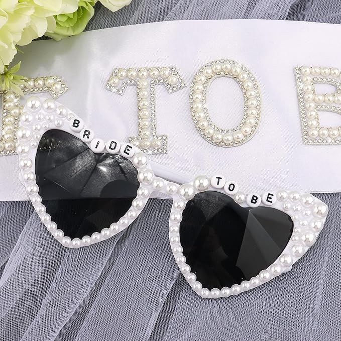 Bride to Be Set: Pearl-Trimmed Heart Sunglasses, Pearl BRIDE Sash & Tulle Veil - Bachelorette Party Bridal Accessories