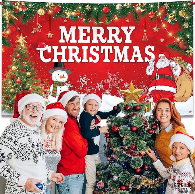 KatchOn, Merry Christmas Banner for Christmas Decorations - XtraLarge, 72x44 Inch | Xmas Backdrop for Holiday Party Decorations